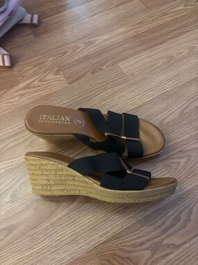 Italian Shoemakers Black Cork-Effect Wedge Slide Sandals Size 11